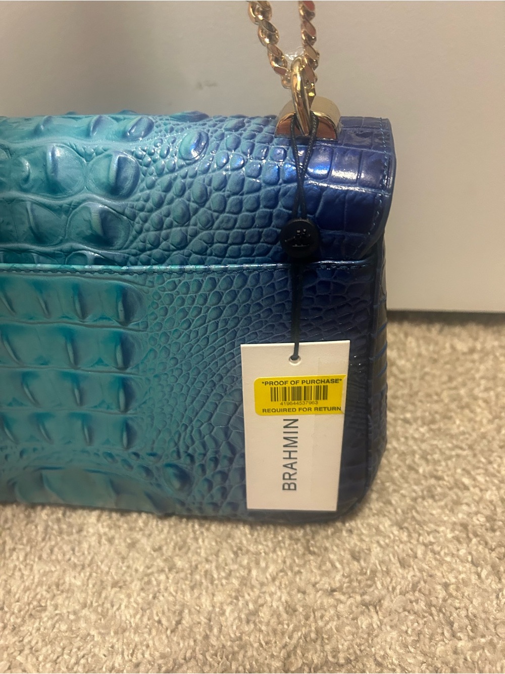 Brahmin Blue-to-Teal Ombre Croc-Embossed Shoulder Bag with Gold Hardware - Picture 6 of 9